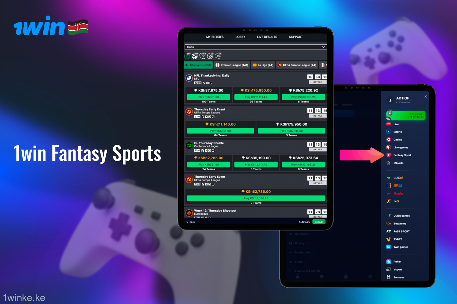 1win Fantasy Sports category offers players from Kenya a selection of events to bet on